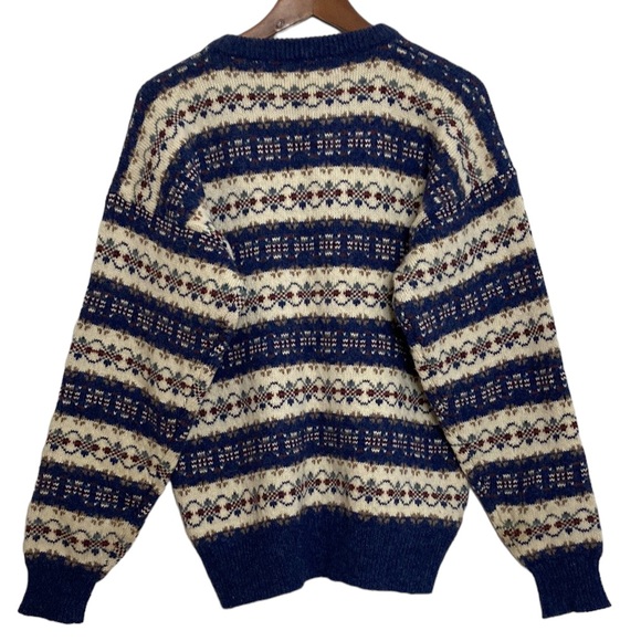 Shetland Wool Sweater Womens Medium Fair Isle Country Crew Neck Blue Cream Red - Picture 2 of 10